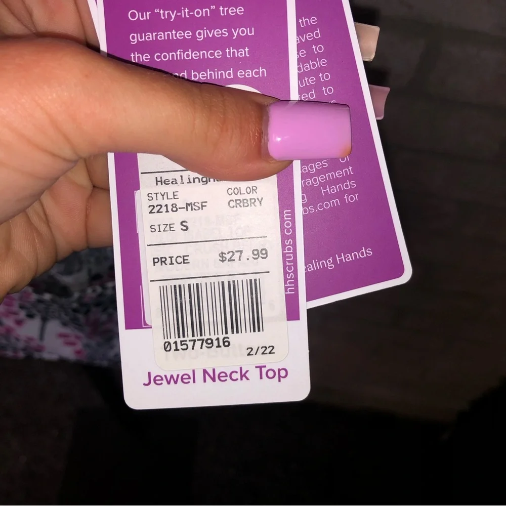 Healing Hands Purple Label Two Button Jewel Neck purple patterned scrub top - Picture 6 of 6